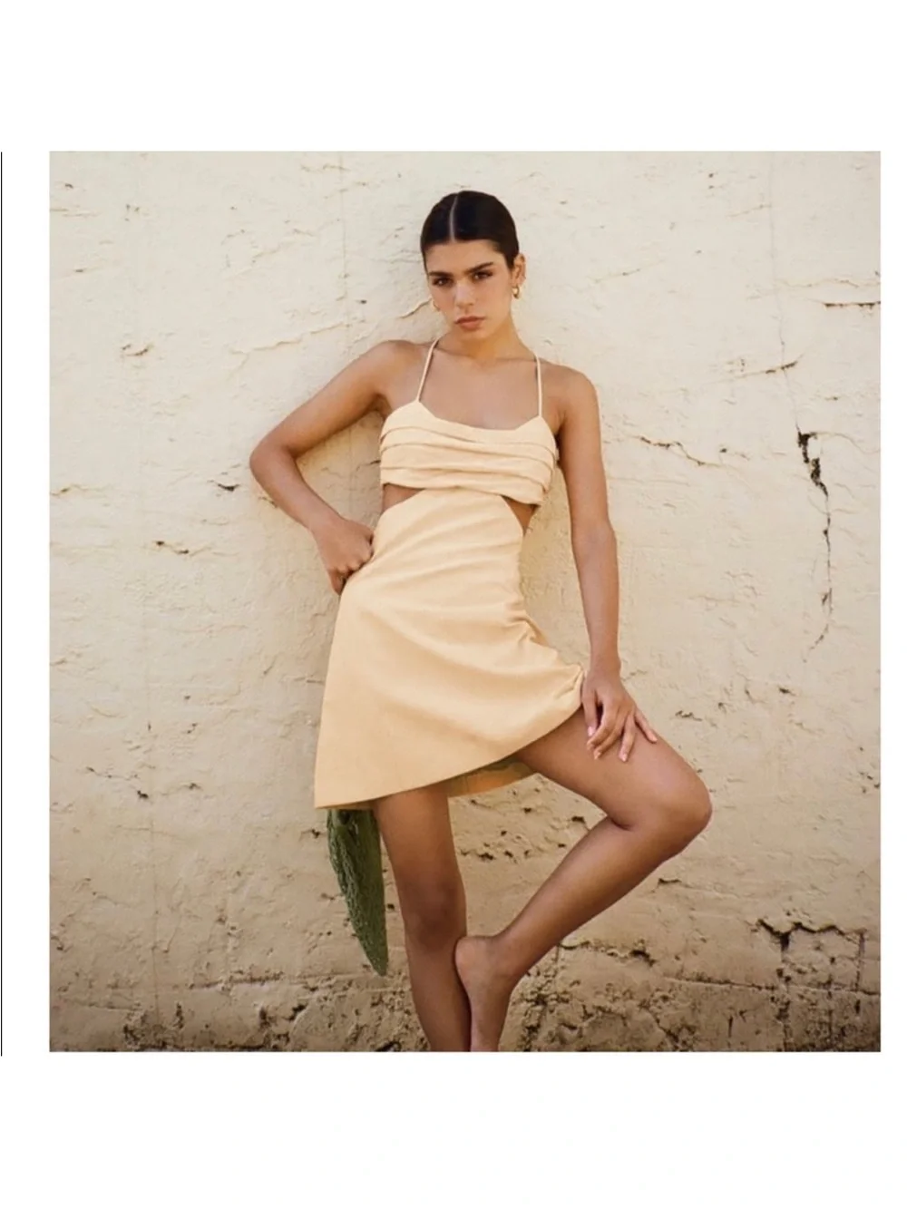 Zara Cutout Ruched Linen Mini Dress Tan Peach